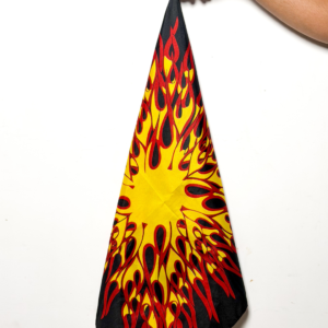 Black bandana with printed yellow and red flame sunburst design
