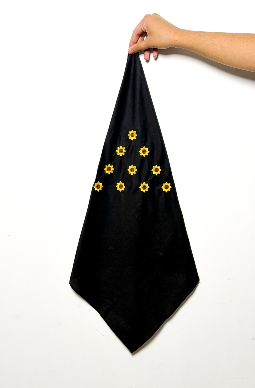 Black cotton bandana with embroidered sunflower design