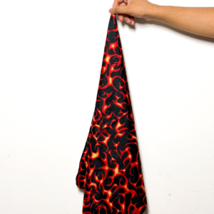 Black bandana with printed red and yellow tribal flame design